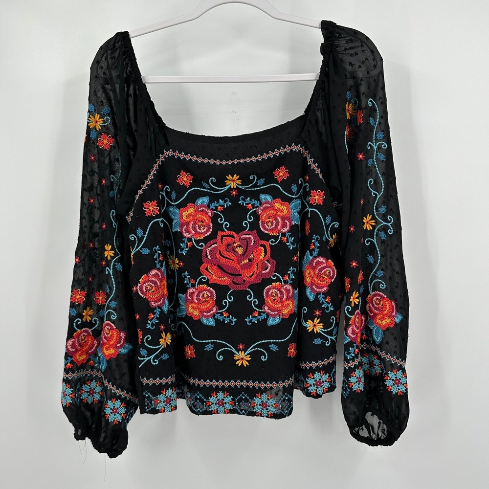 Embroidered Floral Peasant Top Womens Size M Bohemian Festival Milkmaid Cottage - Picture 1 of 6